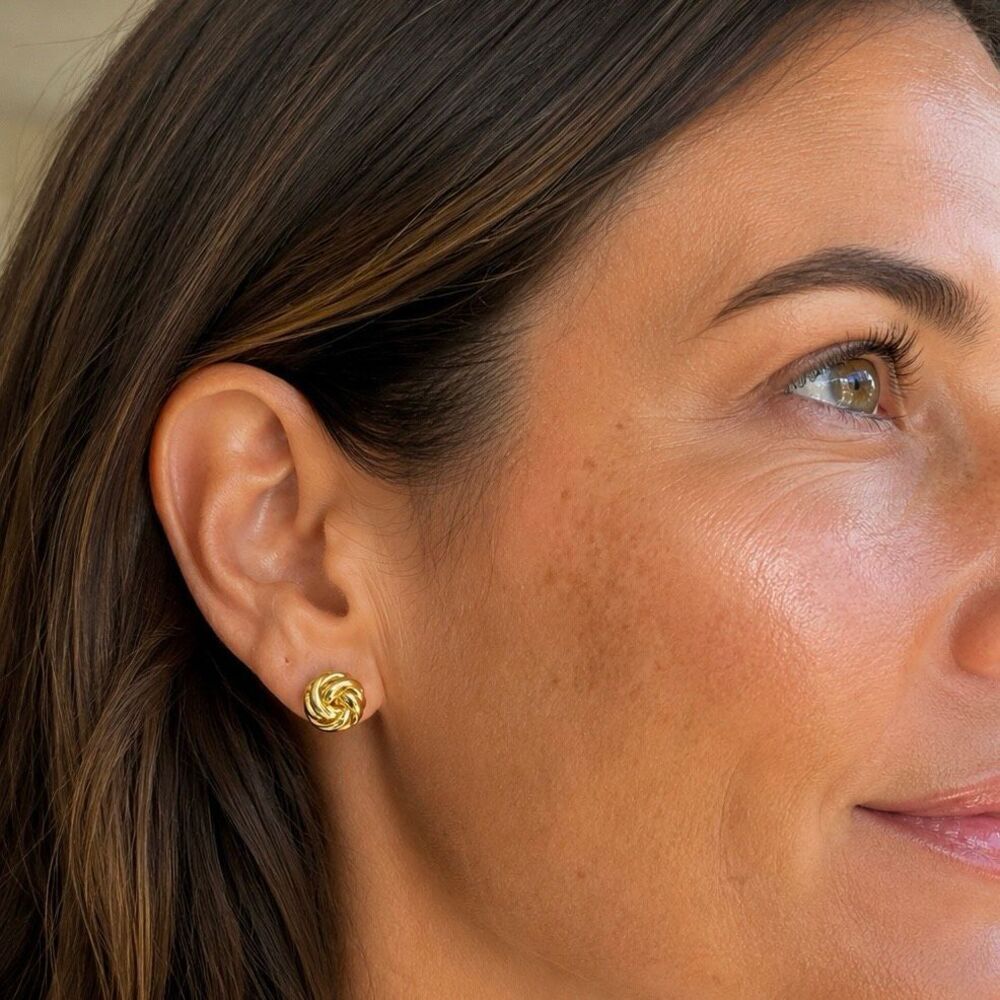 Love Knot Petite Stud Earrings Gold Tone .5” - Picture 3 of 7